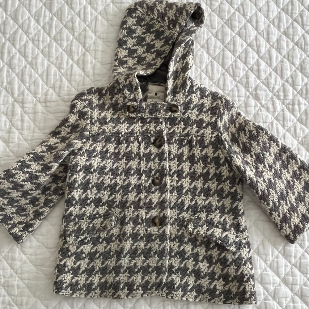 Anthropologie Elevenses Grey/Ivory Houndstooth Wool Hooded Coat Jacket XS